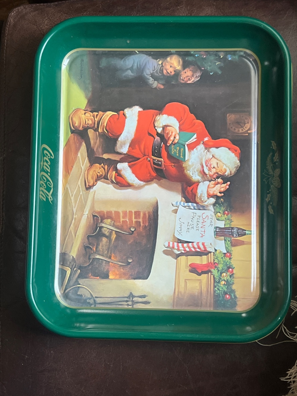 Vintage Coca Cola Green Santa Holiday Serving tray